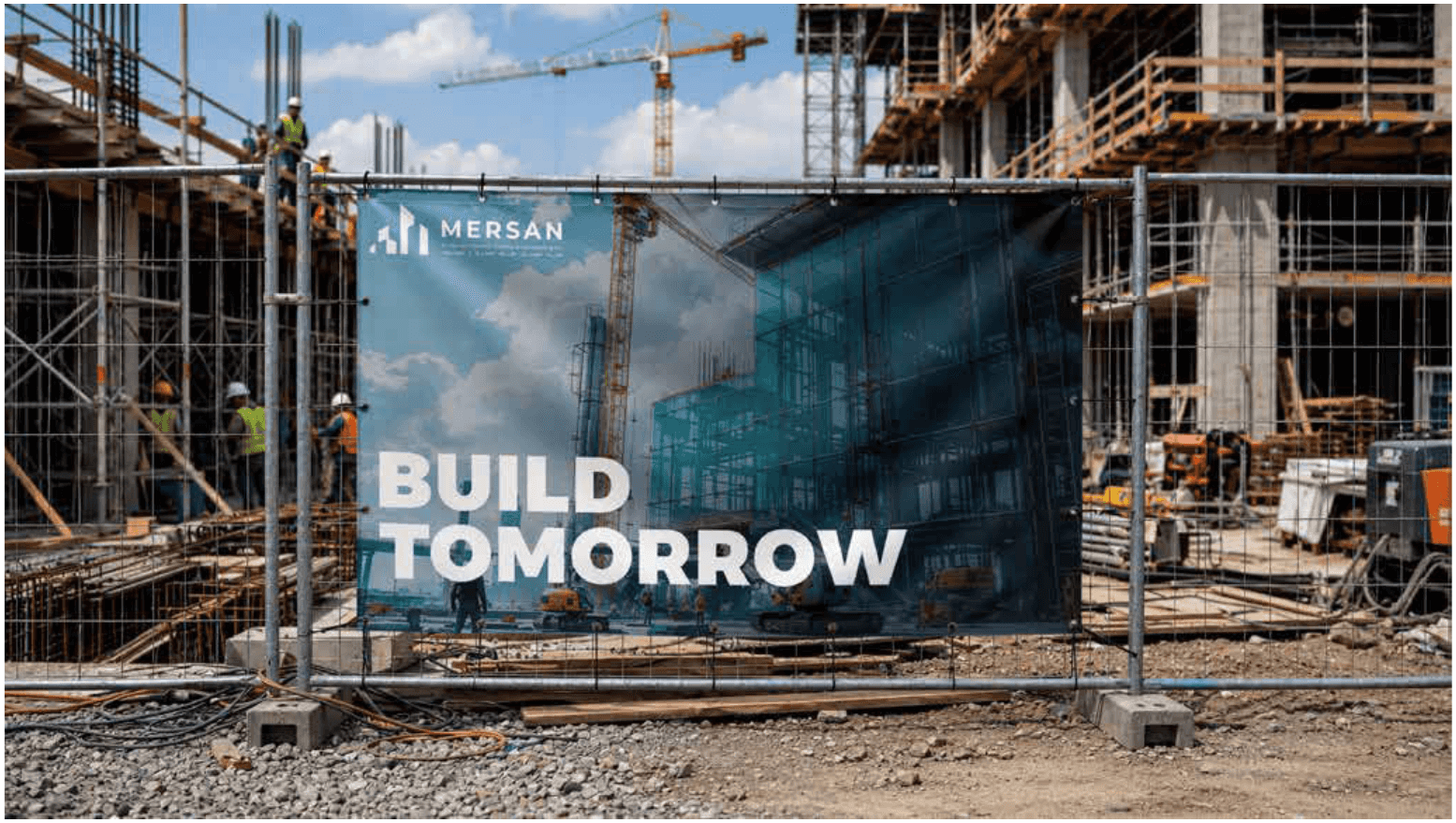 A "Build Tomorrow" banner at an active ALMERSAN construction site, with a crane and building under construction in the background
